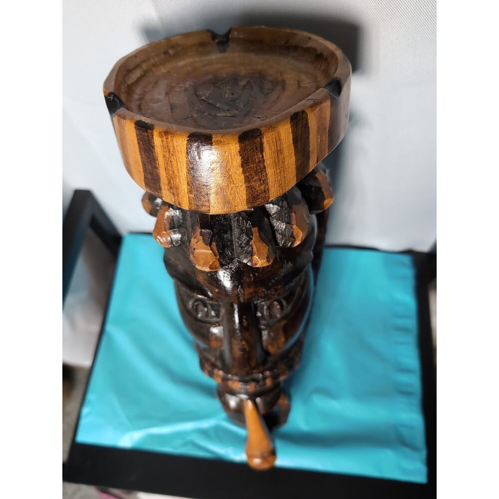 Hand Carved Wooden Head Sculpture Jamaican Folk Art Tribal 2002 Dated Ashtray - Picture 4 of 7